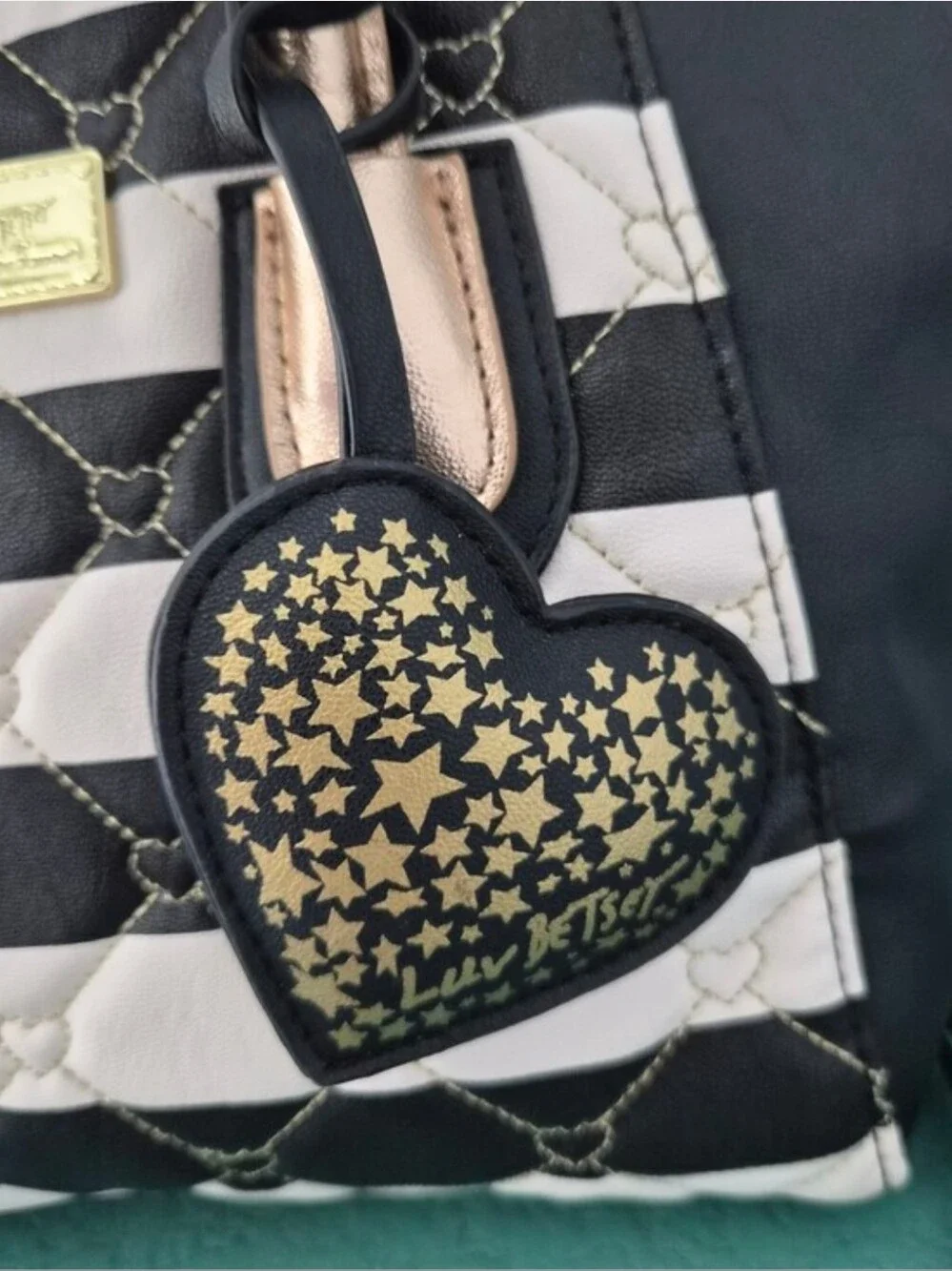 Luv Betsey Betsey Johnson Black White Striped Heart Quilted Satchel Crossbody
